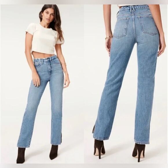 Good American Good Boy Straight Leg Trendy Side Slit Denim Jeans - Picture 1 of 12